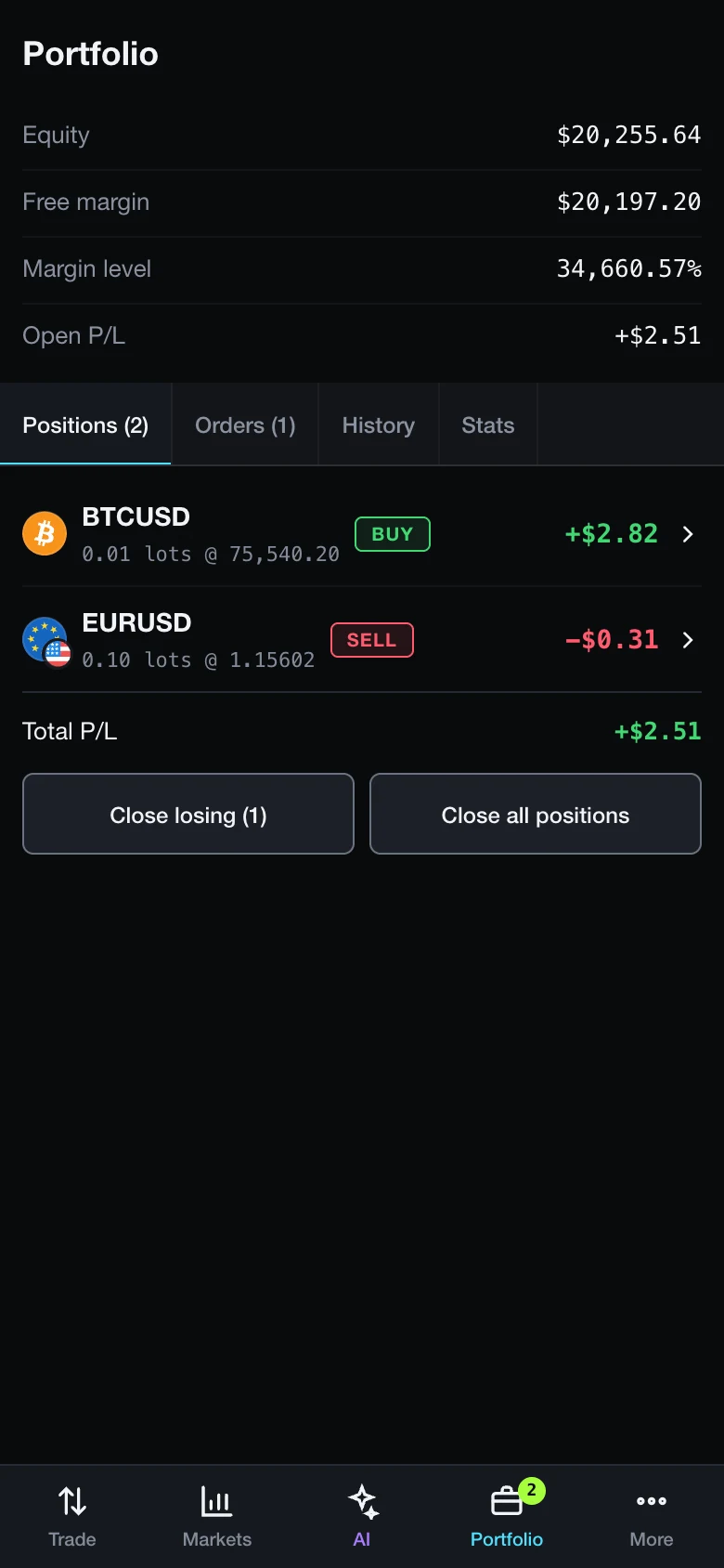 Portfolio tab of the Antelope mobile trader: equity, margin and open positions